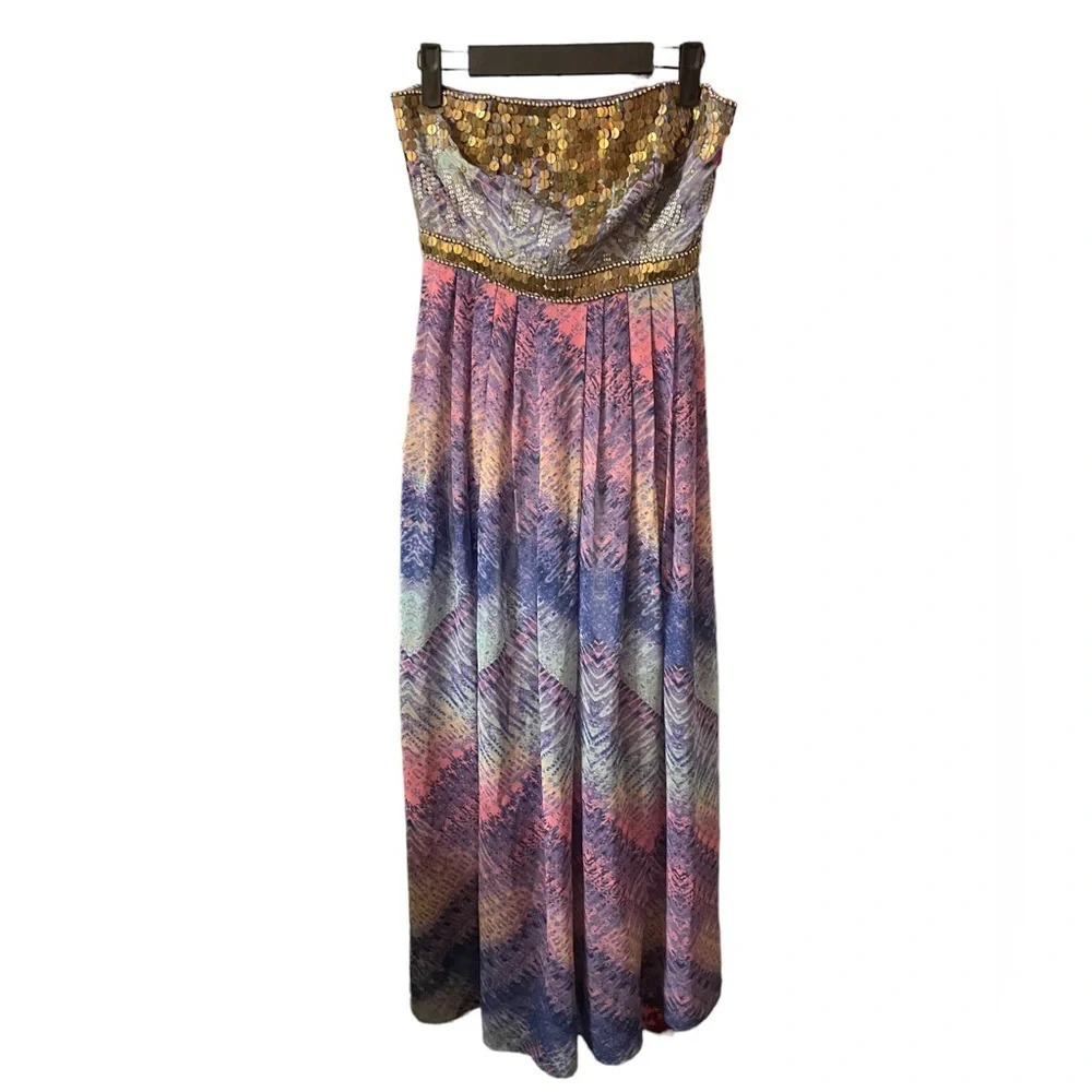ECOTE BEADED WATERCOLOR STRAPLESS DRESS